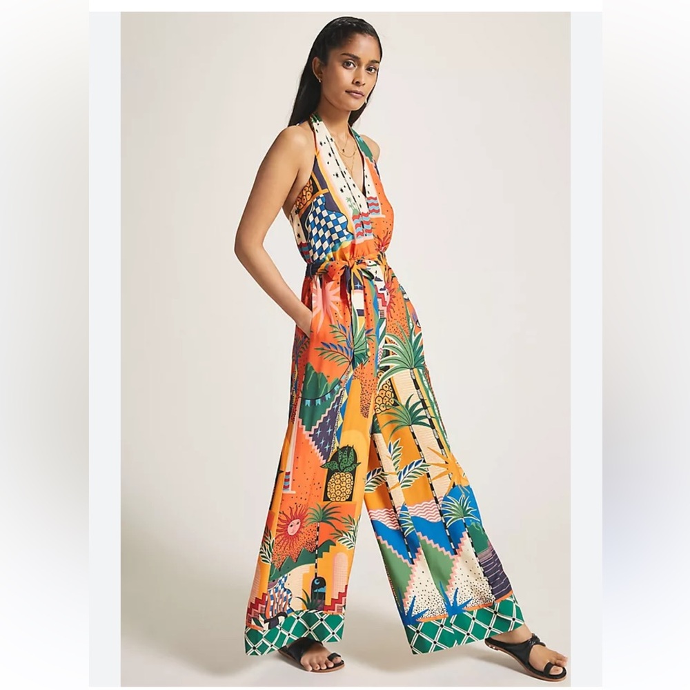 FARM RIO x Anthropologie Halter wife legged jumpsuit- Medium